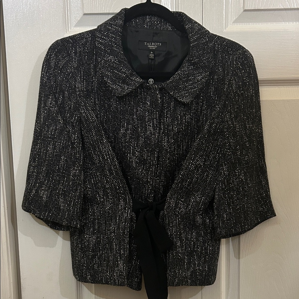 Talbots Elegant Black and White Jacket With Black Ribbon Tie Detail